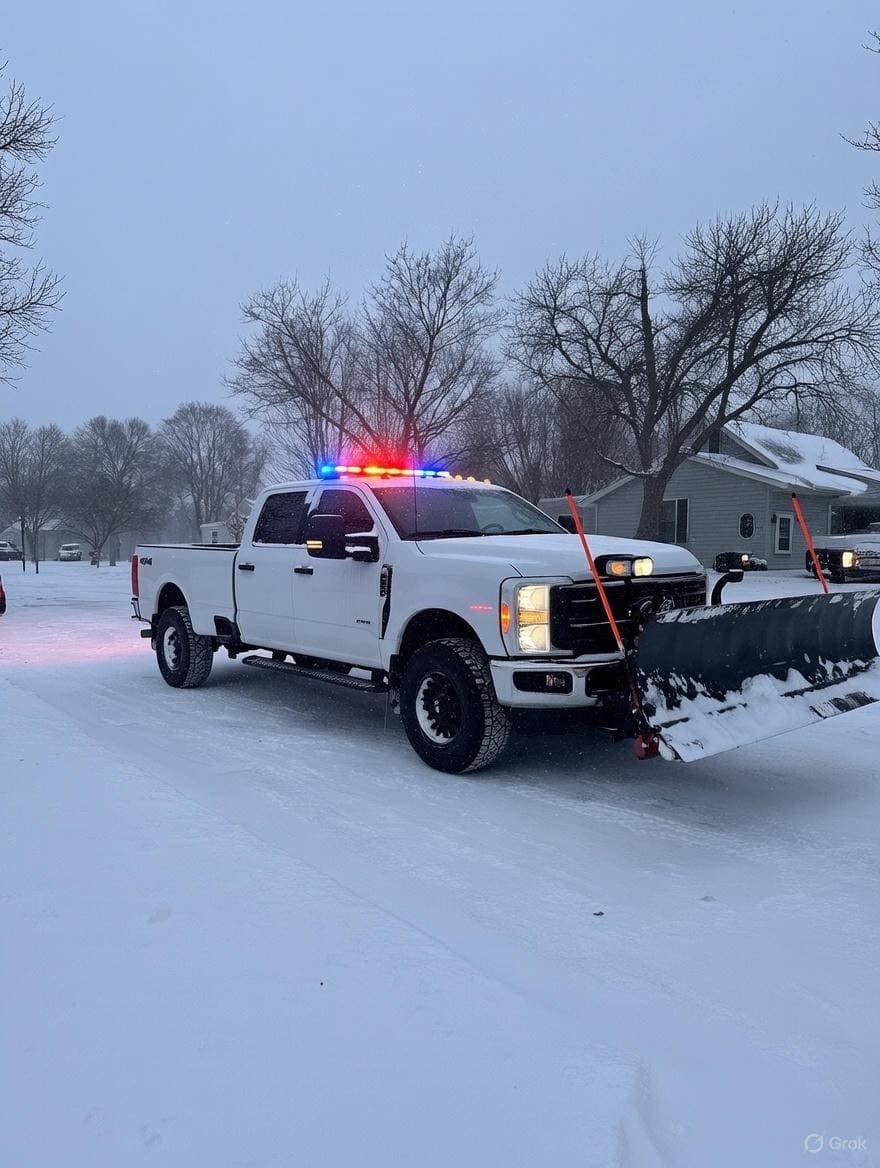 White pickup truck with snowplow and flashing lights in snowy residential area.