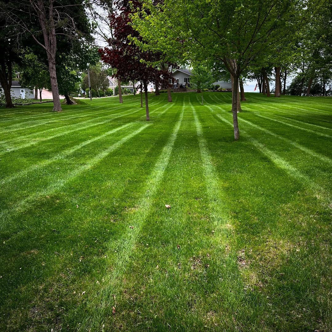 Green lawn with striped mowing patterns, bordered by trees, leading to a house in the background.